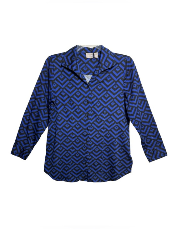 Chico's Tops - Chico’s Cobalt Blue Black Geometric Print Button Front Blouse Size 1 Medium US 8